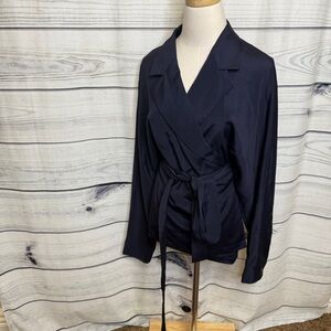 Lafayette 148 New York navy blue wrap blouse